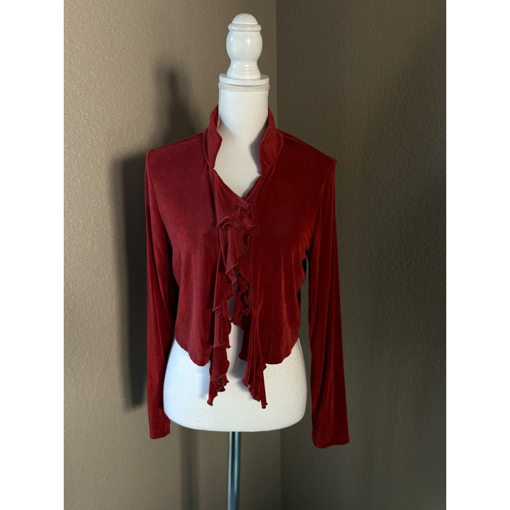 Citiknits Red Slinky Ruffle Front Open Cardigan Shrug Top A67162 Womens Medium